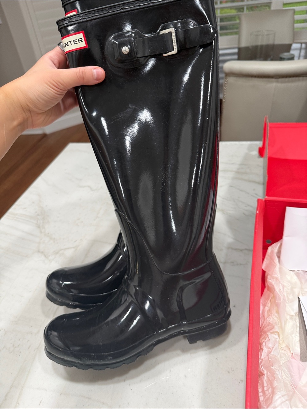 Hunter Gloss Black Tall Rain Boots with Red Logo Trim - Picture 2 of 4